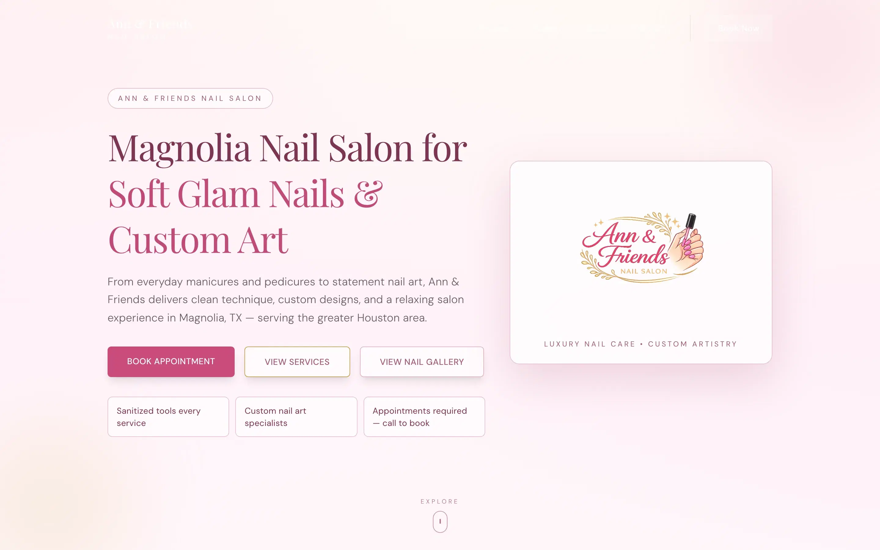 Ann and Friends nail salon website homepage, Magnolia TX small business web design
