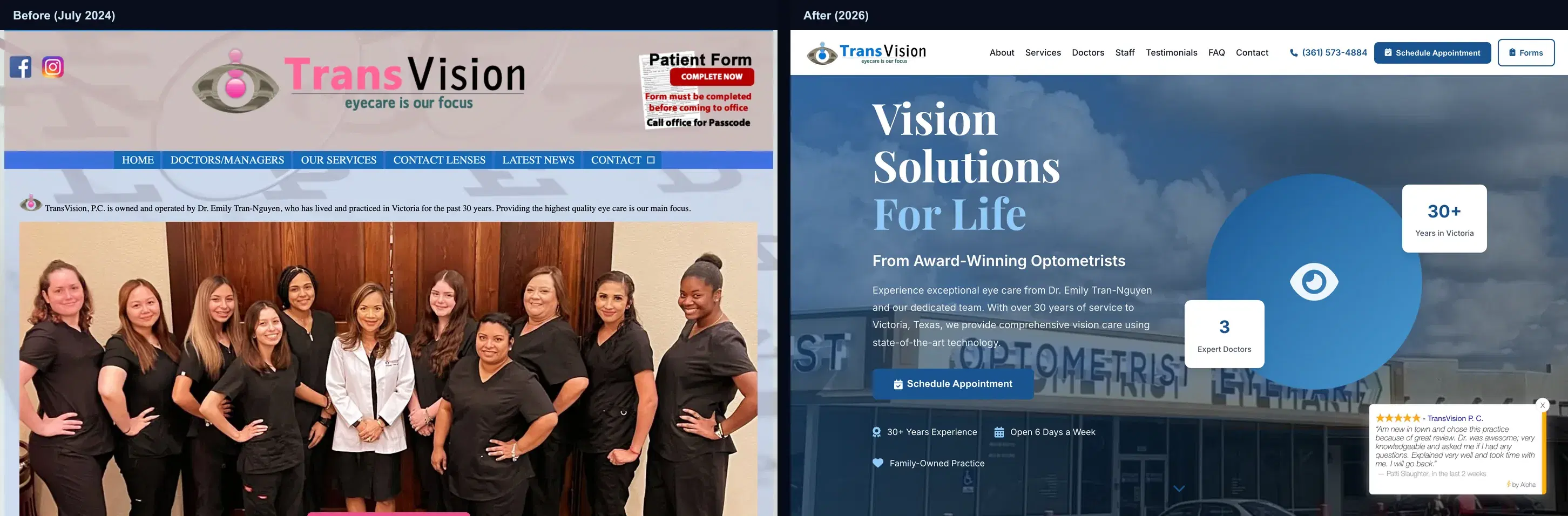 TransVision optometry website before and after redesign, Victoria TX small business web design